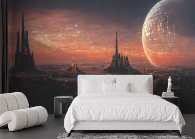 Abstract futuristic landscape with the city of the future, meta universe. futuristic city, sunset. Planet. 3D illustration. Wall mural