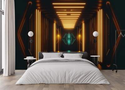 Abstract light tunnel, corridor with neon light. Hi-tech sci-fi passageway. Metallic light reflection. AI Wall mural