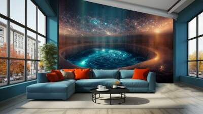 Abstract night fantasy landscape with a starry sky, a natural pool of water, a lake in which the galaxy, the milky way, the universe, stars, planets are reflected. 3D illustration. Wall mural