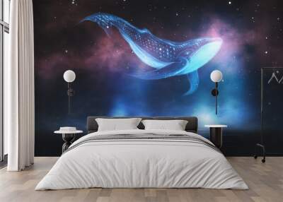 Abstract night fantasy landscape with an island, a whale in the sky, a dark fantasy scene, an unreal world, a fish, a whale, a sperm whale. Reflection of neon light, water, depths of the sea. 3D  Wall mural