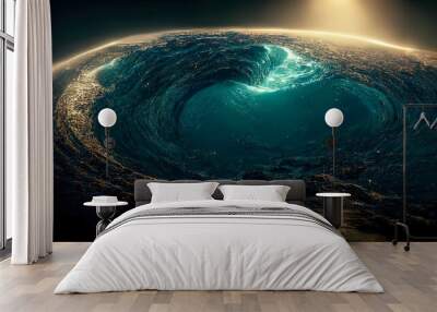 Abstract night seascape. Moon over the sea. Planet in the water. neon light. Seascape, ocean, night landscape. 3D illustration. Wall mural