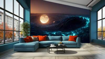 Abstract night seascape. Moon over the sea. Planet in the water. neon light. Seascape, ocean, night landscape. 3D illustration. Wall mural