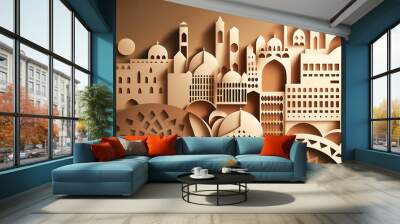 Abstract oriental arabic islamic city with mosques towers. AI Wall mural