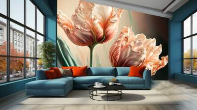 Abstract spring tulips. Luxurious fluid fluid art flowers. AI Wall mural