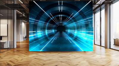 Abstract tunnel, corridor with rays of light and new highlights. Abstract blue background, neon. Scene with rays and lines, Round arch, light in motion, night view. Wall mural