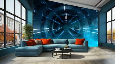 Abstract tunnel, corridor with rays of light and new highlights. Abstract blue background, neon. Scene with rays and lines, Round arch, light in motion, night view. Wall mural