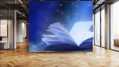 An open book with a magical fantasy. Night view illustration with a book. The magical power of reading and words, knowledge. Abstract background with a book. Wall mural