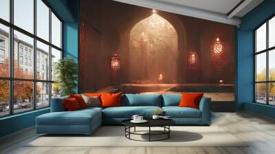 Ancient interior Turkish bath, frescoes on the walls, baths, oriental lanterns. Fantasy Turkish palace interior.  Wall mural