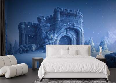 Ancient stone winter castle. Fantasy snowy landscape with a castle. Magical luminous passage, crystal portal. Winter castle on the mountain, winter forest. 3D illustration Wall mural