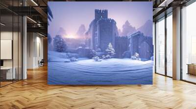 Ancient stone winter castle. Fantasy snowy landscape with a castle. Magical luminous passage, crystal portal. Winter castle on the mountain, winter forest. 3D illustration Wall mural