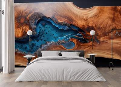 Background made of wood and blue epoxy resin in fluid art style. Wooden table. Generative AI Wall mural