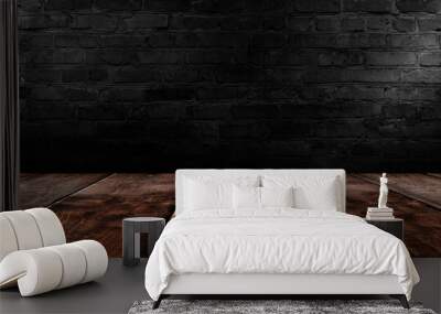 background of an empty black room, a cellar, lit by a searchlight. Brick black wall and wooden floor Wall mural