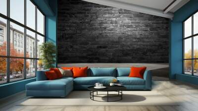 background of an empty black room, a cellar, lit by a searchlight. Brick black wall and wooden floor Wall mural