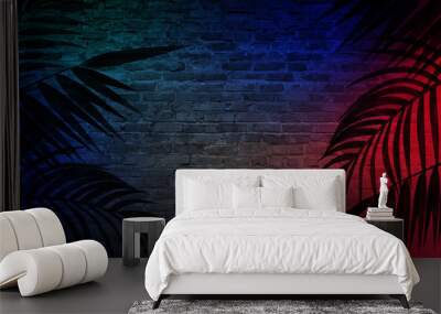 Background of an empty corridor with brick walls and neon light. Brick walls, neon rays and glow Wall mural