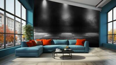 Background of an empty dark-black room.  Wall mural