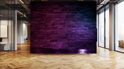 Background of empty room with brick wall and concrete floor. Smoke, fog, neon light  Wall mural