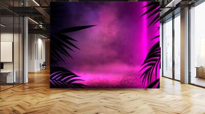 Background of the dark room, tunnel, corridor, neon light, lamps, tropical leaves. Abstract background with new light.  Wall mural