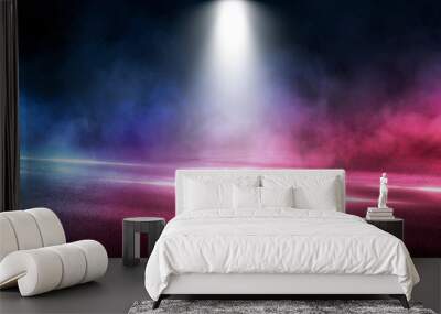 Background of the room with concrete pavement. Blue and pink neon light. Smoke, fog, wet asphalt with reflection of lights. Abstract light, searchlight rays. Night view of the street with lights, dark Wall mural