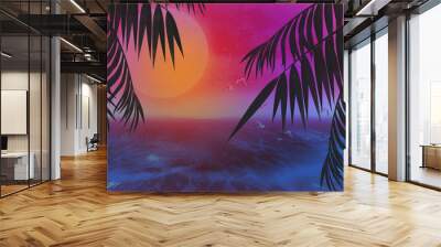 Background palms, sunset, sea, tropical leaves Wall mural