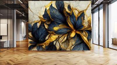 Beautiful abstract exotic flowers on a light marble background. Luxurious gold and blue ink flowers and patterns. Wall mural