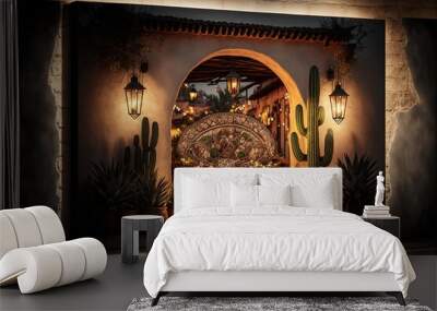 Beautiful traditional mexican interior of living room and patio, bright colors of walls, cathus, tropical leaves, lanterns, majestic arches and stairs, Mexico. AI Wall mural