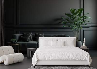 Black interior modern classic. A large black sofa, a sofa in expensive fabric, a green houseplant. Black dark room. AI Wall mural