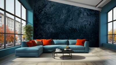 Blue dark wall, stucco, dark concrete. Dark decorative stone. Floodlight. Empty night wall, neon blue light. Wall mural