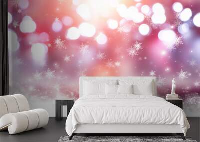 Blurred festive abstract background. Blurry bokeh lights, snowflakes, neon glow. Empty dark, winter scene with snowflakes, winter dark background. Abstract snow, blizzard. Abstract light, rays, snow.  Wall mural