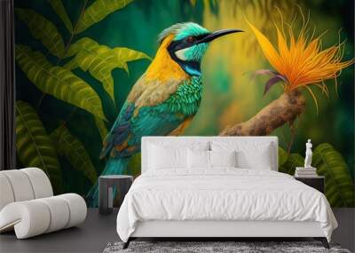 Bright exotic bird in a tropical garden, sunlight. AI Wall mural