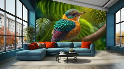 Bright exotic bird in a tropical garden, sunlight. AI Wall mural