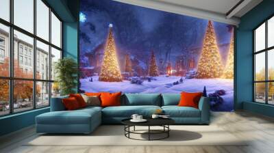 Christmas tree in the center of the fantasy square of the night city, New Year decorations, holiday lights, garlands. New Year's decor of streets, city. 3D illustration Wall mural