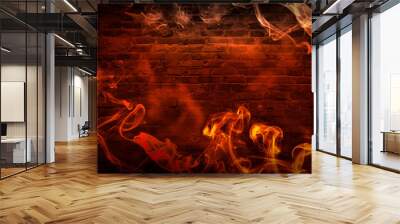 colorful smoke on a black background. Empty background of black brick wall, neon light, smoke. Wall mural