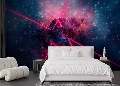 Cosmic explosion, neon light. Thick smoke burning stone, laser beam, red neon. Wall mural