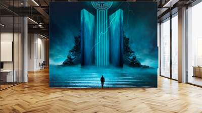 Dark, night abstract fantasy landscape with island, pyramids, bitcoin and lightning. Reflection of neon in water, sea, ocean. Smoke, smog on the shore. A modern futuristic landscape with bitcoin.  Wall mural