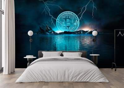 Dark, night abstract fantasy landscape with island, pyramids, bitcoin and lightning. Reflection of neon in water, sea, ocean. Smoke, smog on the shore. A modern futuristic landscape with bitcoin. Wall mural