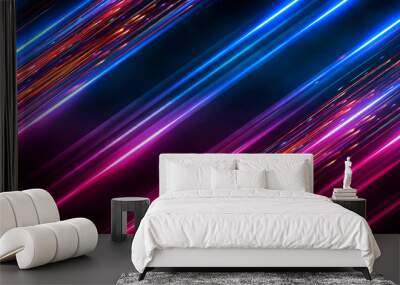 Dark abstract futuristic background. Neon lines, glow. Neon lines, shapes. Pink and blue glow.  Wall mural