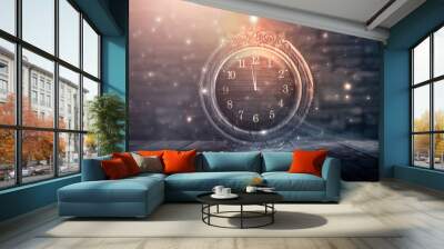 dark abstract scene with a vintage clock on an old brick wall in a dark room. night view, smoke, mag Wall mural