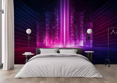 Dark background with lines and spotlights, neon light, night view. Abstract pink background. Wall mural