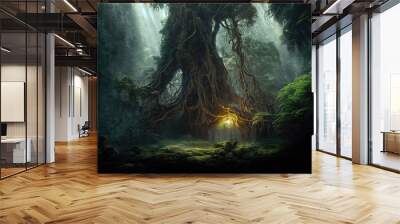 Dark dense forest the sun's rays pass through the trees, shadows. Big old tree in the center. Beautiful forest fantasy landscape. unreal world. Mysterious forest. 3D illustration. Wall mural