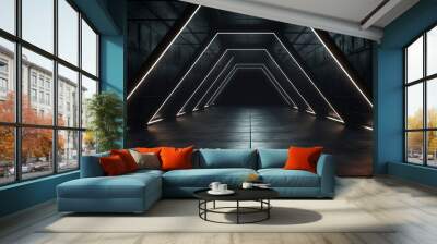 Dark empty concrete interior, neon, reflection. Generation AI Wall mural