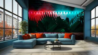 Dark empty room, wooden table, brick walls. Tropical leaves, neon light. Night view. Wall mural