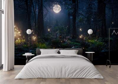 Dark fairytale fantasy forest. Night forest landscape with magical glows. Abstract forest, magic, fantasy, night, lights, neon. 3D illustration. Wall mural