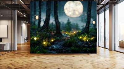 Dark fairytale fantasy forest. Night forest landscape with magical glows. Abstract forest, magic, fantasy, night, lights, neon. 3D illustration. Wall mural