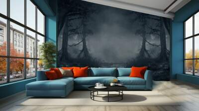 dark fantasy forest. river in the forest with stones on the shore. moonlight, night forest landscape Wall mural