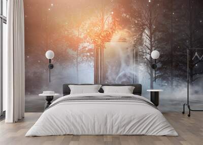 Dark fantasy landscape. Dark forest, magic mirror. Dark scene of a night landscape with a split glass. Night view, smoke, smog, neon light, moon. Wall mural