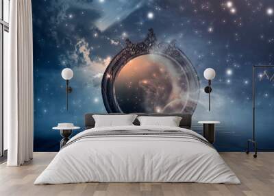 Dark forest, magic mirror. Night view, smoke, smog, neon light, moon. Dark fantasy mystical landscape.  Wall mural