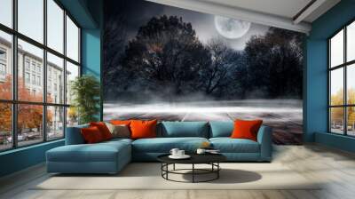 Dark forest. Gloomy dark scene with trees, big moon, moonlight. Smoke, shadow. Abstract dark, cold street background. Night view. Night wooden table Wall mural