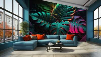 Dark green tropical leaves colorful neon light, backlight, leaves composition, plant background, manstera, palm leaves. AI Wall mural