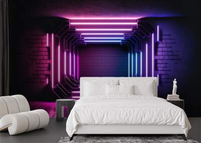 Dark night room with brick walls with neon illumination, metal pipes on the walls, a passageway, a tunnel in the wall. AI Wall mural