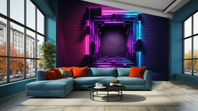 Dark night room with brick walls with neon illumination, metal pipes on the walls, a passageway, a tunnel in the wall. AI Wall mural